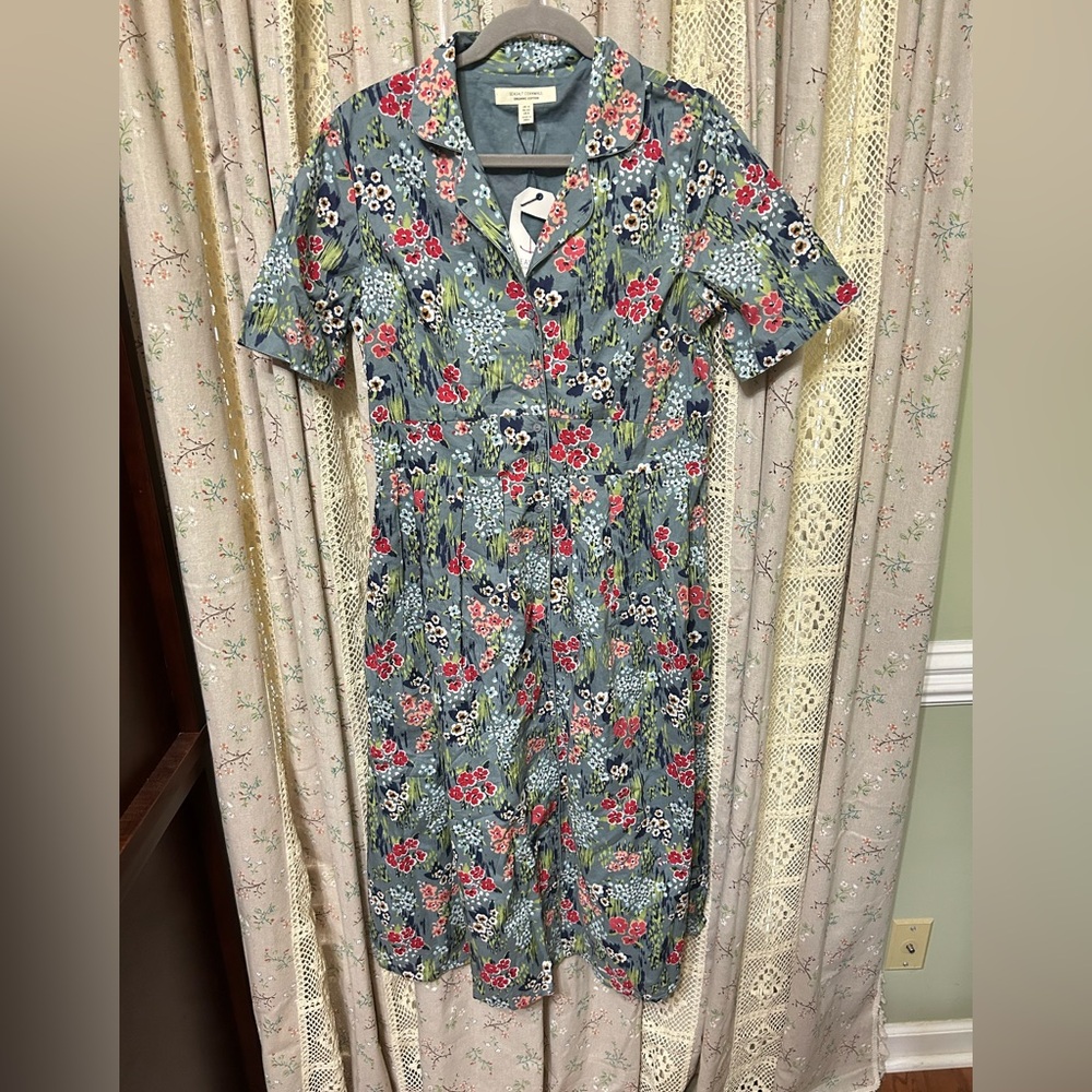 Floral Button-Front Cotton Dress in Blue and Red